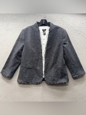 NWT Ann Taylor Blazer Gray Tweed Fringe Trim Open Front Jacket Preppy Women’s 10